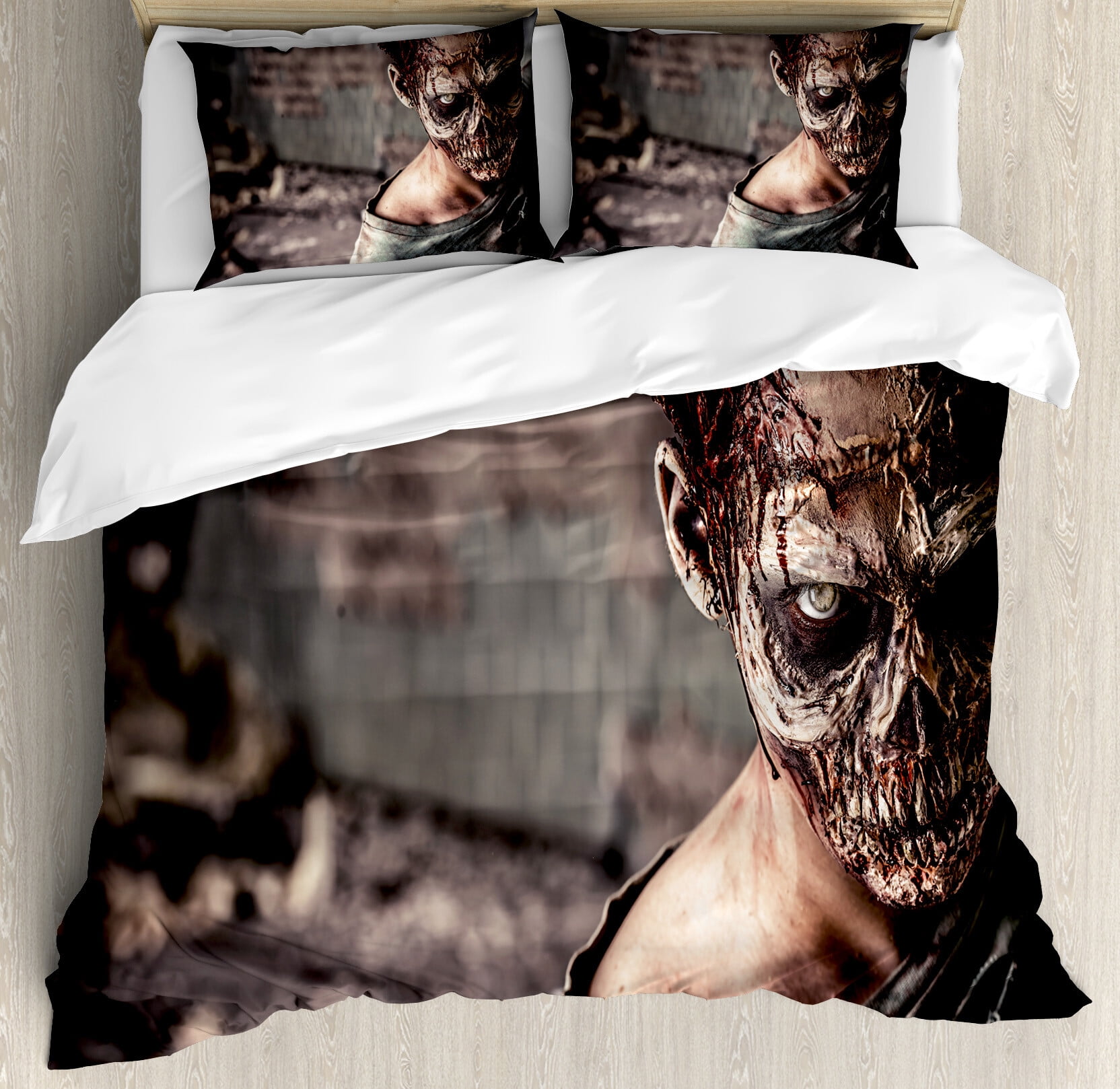 Taupe Peach Zombie Print Queen Duvet Cover Set