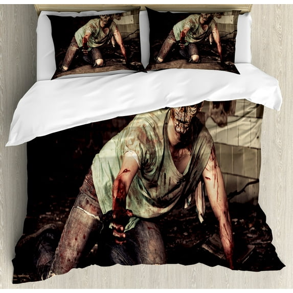 Zombie Duvet Cover Set, Halloween Scary Dead Man in the Old Building with Bloody Head Nightmare Theme, Decorative 3 Piece Bedding Set with 2 Pillow Shams, King Size, Grey Mint Peach, by Ambesonne