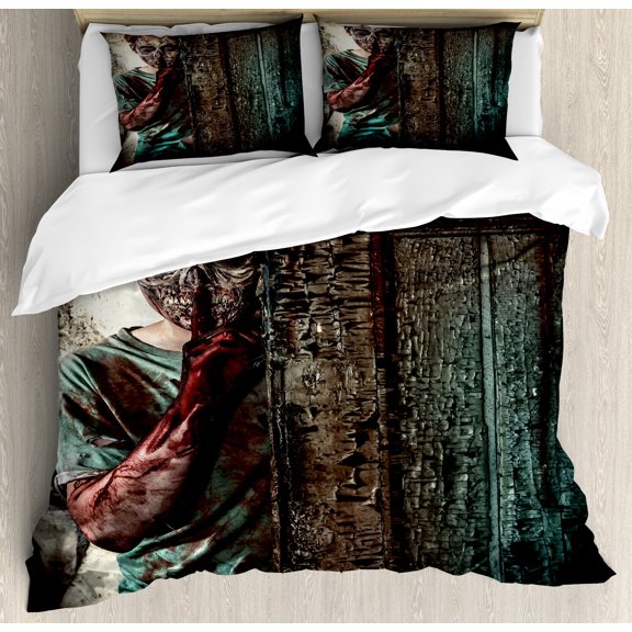 Zombie Duvet Cover Set, Monster Behind Door Looking with Evil Eyes Hell Nightmare Modern Print, Decorative 3 Piece Bedding Set with 2 Pillow Shams, King Size, Umber Teal Tan, by Ambesonne