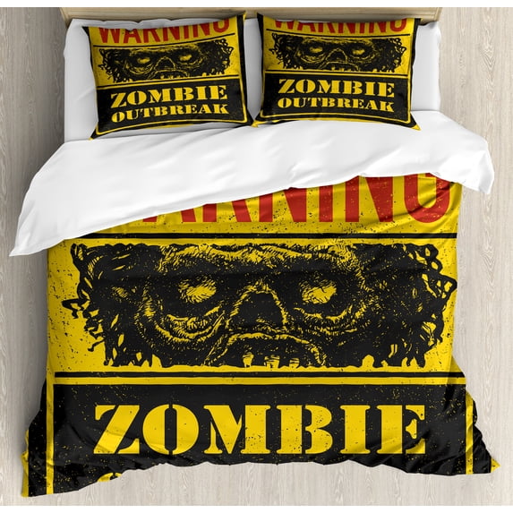 Zombie Duvet Cover Set, Retro Warning Outbreak Horror Monster Sign in Vintage Grunge Illustration, Decorative 3 Piece Bedding Set with 2 Pillow Shams, Queen Size, Earth Yellow Grey Red, by Ambesonne
