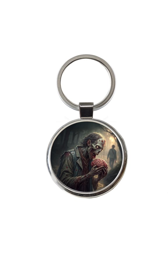 Zombie Eating Yummy Brains Funny Halloween Metal Round Keychain