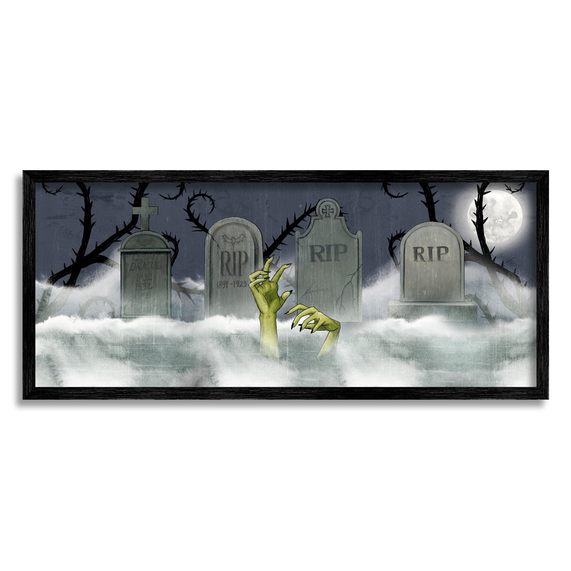 Zombie Emerging Graveyard Foggy Full Moon Night Fairy Tales & Fantasy Painting Framed Art Print Wall Art