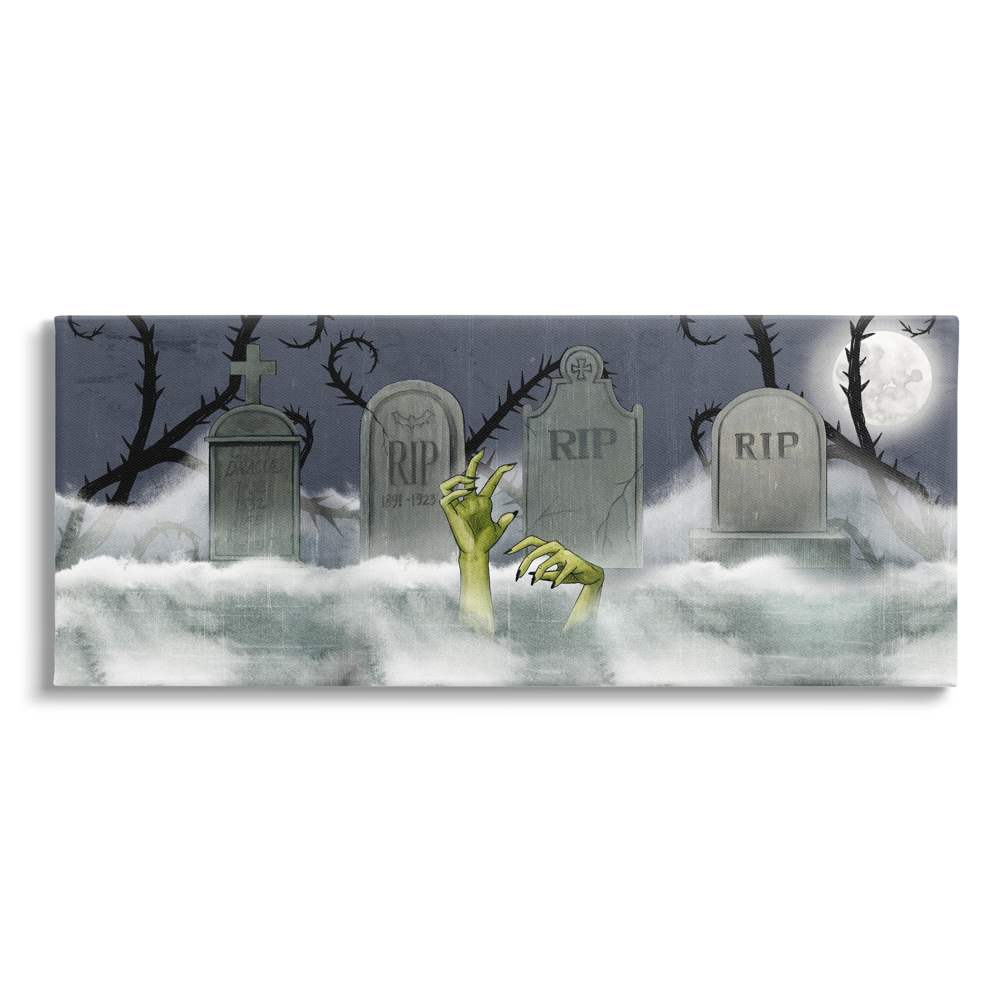 Zombie Emerging Graveyard Foggy Full Moon Night Fairy Tales & Fantasy Painting Gallery-Wrapped Canvas Print Wall Art