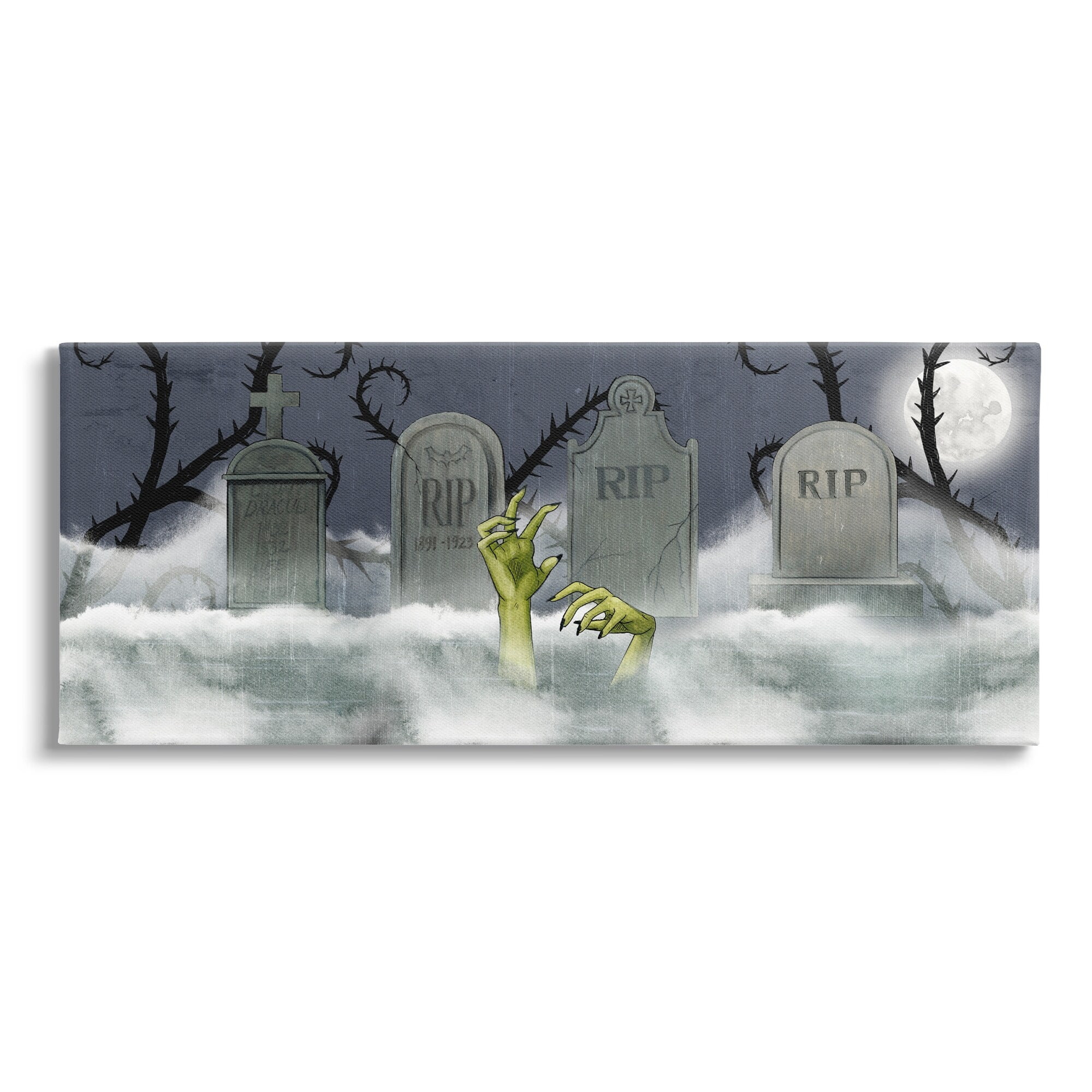 Zombie Emerging Graveyard Foggy Full Moon Night Fairy Tales & Fantasy Painting Gallery-Wrapped Canvas Print Wall Art
