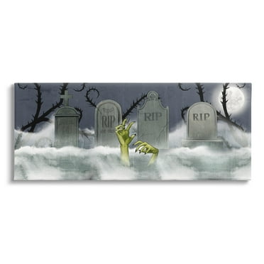 Zombie Emerging Graveyard Foggy Full Moon Night Fairy Tales & Fantasy Painting Gallery-Wrapped Canvas Print Wall Art