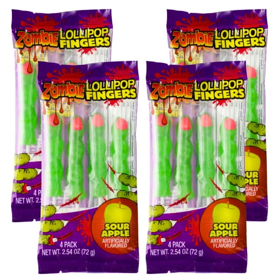 Zombie Finger Lollipop 2.54 Ounces Sour Apple Flavored Pop Delights Halloween Sweets Decor Trick or Treat Candies Basket Bag Fillers Stocking Stuffer Snack Party Favors Pack of 4 - 16 Total Serving