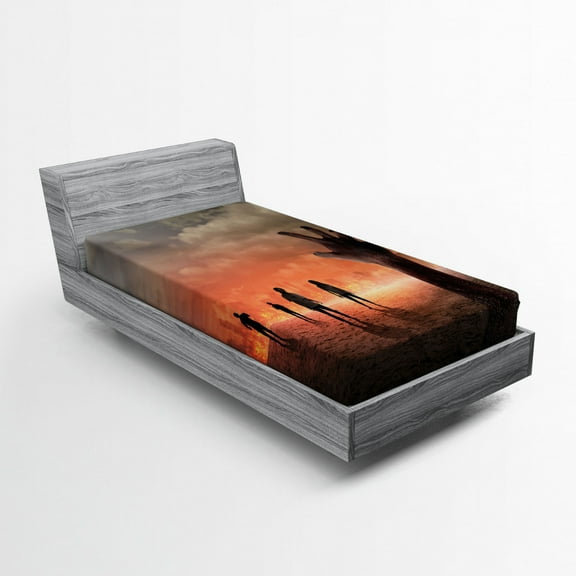 Zombie Fitted Sheet, Hand Comes out of Surface to People Death in Town Burning City Digital Art, Soft Decorative Fabric Bedding, Twin Size, Salmon Pale Grey, by Ambesonne