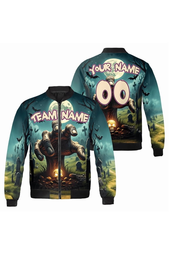 Zombie Hand Halloween Bomber Jacket – Custom Name & Number – Spooky Graveyard Rising Theme – Unisex Fall Outerwear