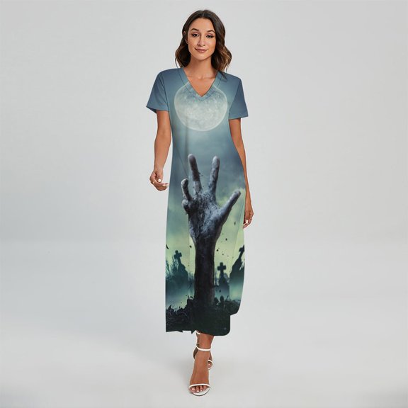 Zombie Hand Rising From Grave Printed Short Sleeve Maxi Dress, Halloween Decorative Fashion Summer Maxi Dress For Women