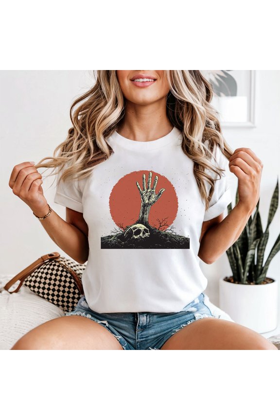 Zombie Hand Skull Horror Womens T-Shirt Undead Graphic Tee All Size S-5XL