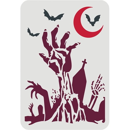 Zombie Hand Stencil 11.7x8.3inch Reusable Zombie Hands Pattern Stencil Moon Bat Tomb Zombie Hands Stencils