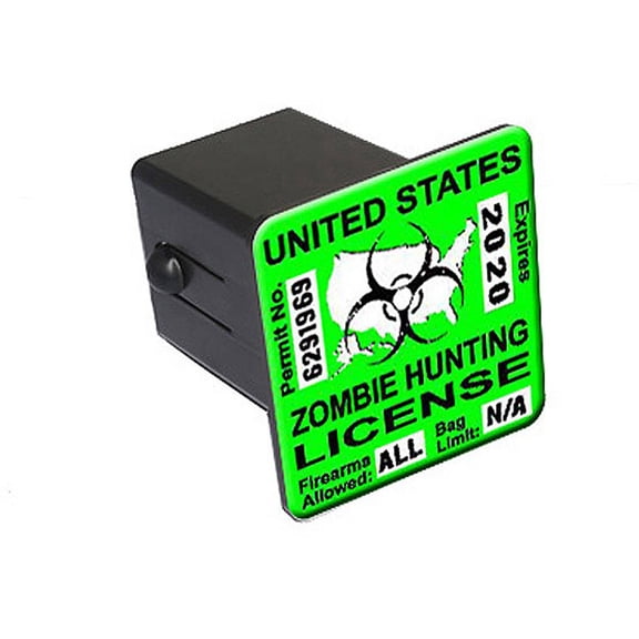 Zombie Hunting License Permit Green - Biohazard Response Team 2" Tow Trailer Hitch Cover Plug Insert