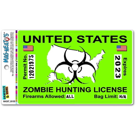 Zombie Hunting License Permit Green United States - Biohazard Response Team MAG-NEATO'S(TM) Car/Refrigerator Magnet