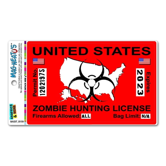 Zombie Hunting License Permit Red United States - Biohazard Response Team MAG-NEATO'S(TM) Car/Refrigerator Magnet
