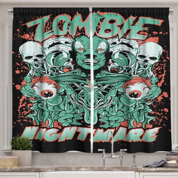 Zombie Kitchen Curtains, Retro Style Nightmare with Skulls Ghost Characters Wild Illustration, Two Panels Drapes with Rod Pocket Room Decor, 55" X 45", Jade Green Salmon Black, by Ambesonne