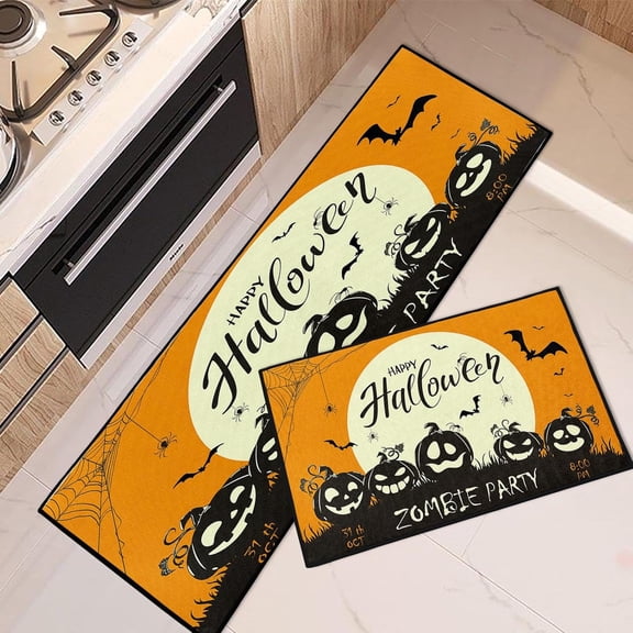 Zombie Orange Halloween Kitchen Rugs and Mats Non Skid Washable Set of 2, Halloween Halloween Pumpkin Kitchen Mats for Floor, October Holiday Spooky Moon Under Sink Kitchen Runner Rug
