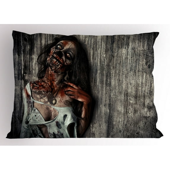 Zombie Pillow Sham Angry Dead Woman Sacrifice Fantasy Design Mystic Night Halloween Image, Decorative Standard King Size Printed Pillowcase, 36 X 20 Inches, Dark Taupe Peach Red, by Ambesonne
