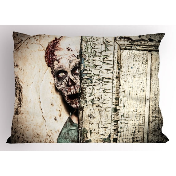 Zombie Pillow Sham Dead Man in Abandoned Old House Hell Style Mystery Blood Vampire Artful Design, Decorative Standard King Size Printed Pillowcase, 36 X 20 Inches, Jade Green Cream, by Ambesonne