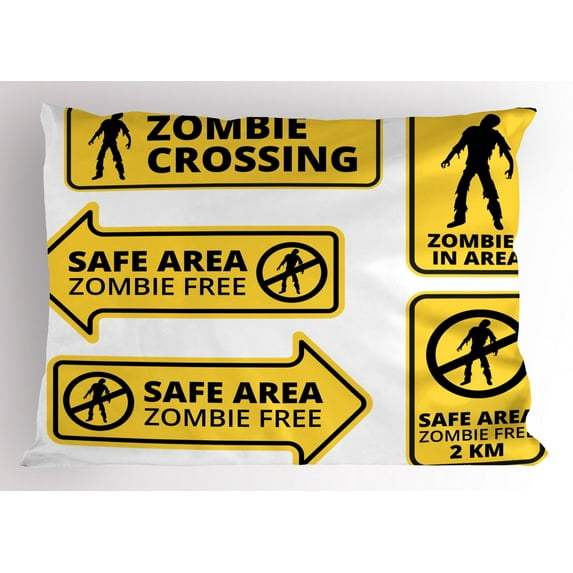 Zombie Pillow Sham Safe Area Zombie Free Safe Protection Zone Caution Sign from Horror War Design, Decorative Standard King Size Printed Pillowcase, 36 X 20 Inches, Yellow Black, by Ambesonne