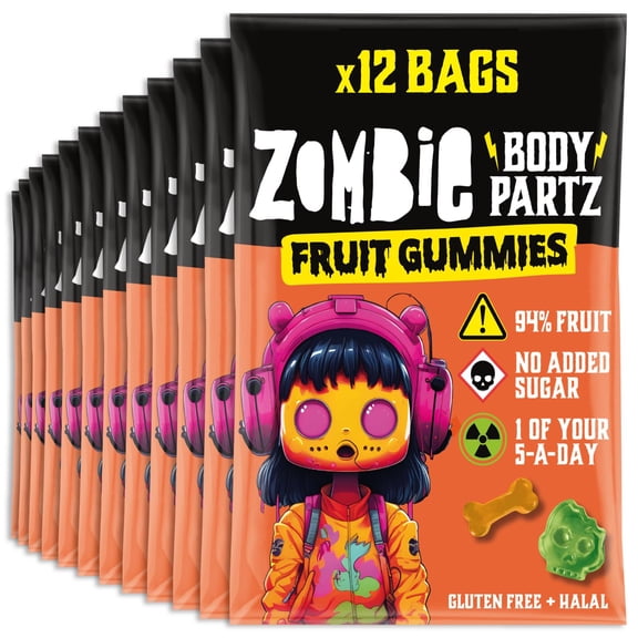 Zombie Real Fruit Sweets, Fruit Gummies (12 Bags), 94% Fruit, No Added Sugar, Vegan, Healthy Snacks for Adults, Kids, Low Calorie, Gluten Free, Halal, Bulk, Jelly, Tub, Vegetarian, Party Bags, Gummy