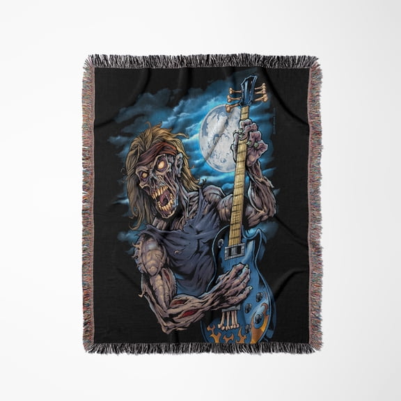 Zombie Rocking Out With Guitar Under Full Moon, Woven Blanket