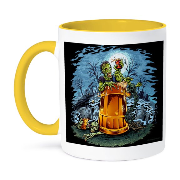 3dRose, Zombie sitting in a big beer glass in the middle of a cemetery at night, 15oz Two-Tone Yellow Mug
