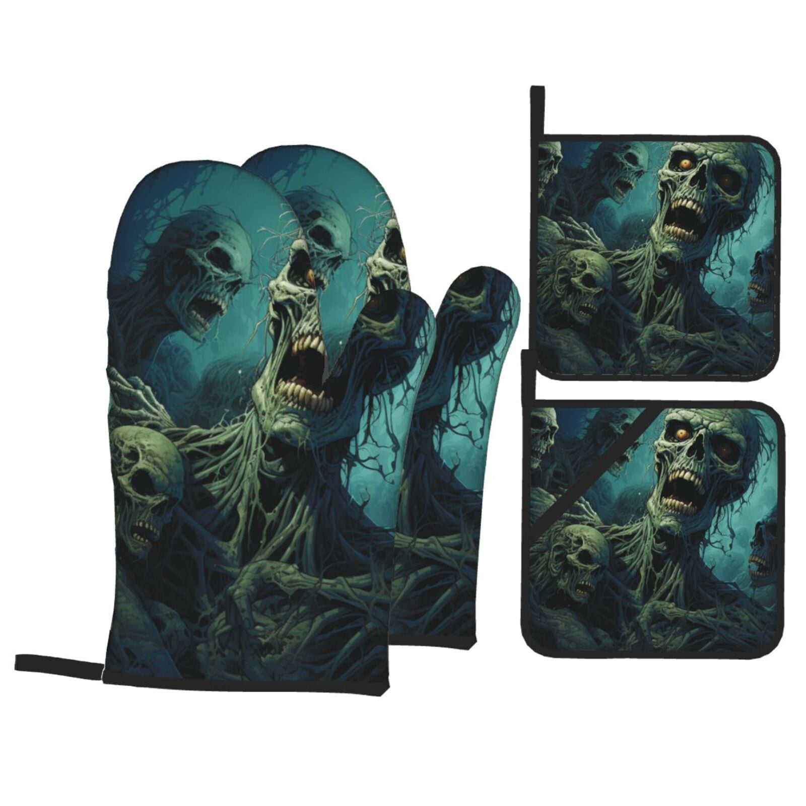 Zombie Skull Art 4Pcs Oven Mitts and Pot Holders Sets Oven Kitchen Gloves Hot Pads for Cooking BBQ Baking Grilling
