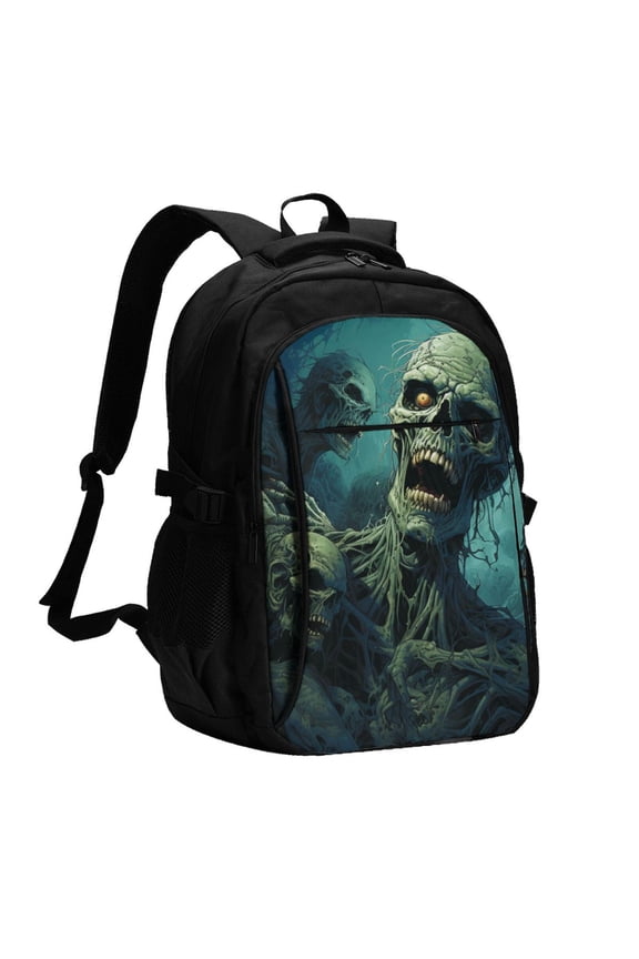 Zombie Skull Art Laptop Backpack with USB Charging Headphone Port Casual Daypack Bag College Business Travel