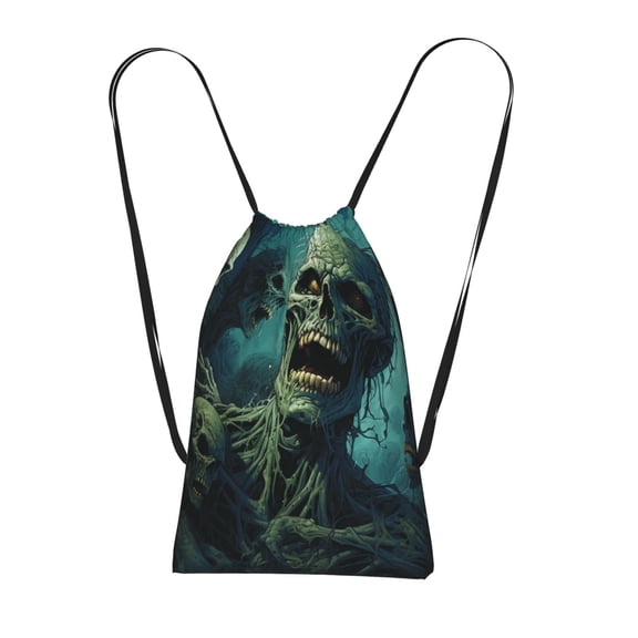 Zombie Skull Art Packable Drawstring Backpack, Lightweight Foldable Cinch Storage Bag for Gym Travel Shopping