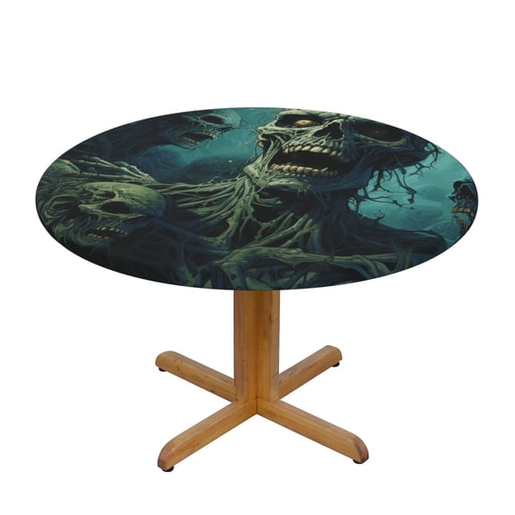 Zombie Skull Art Round Fitted Tablecloth Elastic Edged Table Cloth Waterproof Table Cover 48in