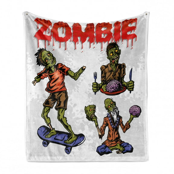 Zombie Soft Flannel Fleece Blanket, Dead Man Eating Brain Cannibal Meditating Skate Boarding Graphic Pattern, Cozy Plush for Indoor and Outdoor Use, 50" x 60", Olive Green Red Dust, by Ambesonne