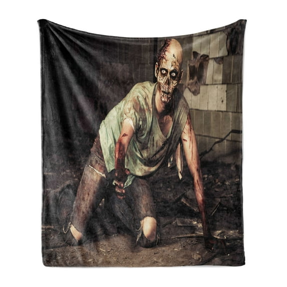 Zombie Soft Flannel Fleece Blanket, Halloween Scary Dead Man in the Old Building with Bloody Head Nightmare Theme, Cozy Plush for Indoor and Outdoor Use, 50" x 60", Grey Mint Peach, by Ambesonne