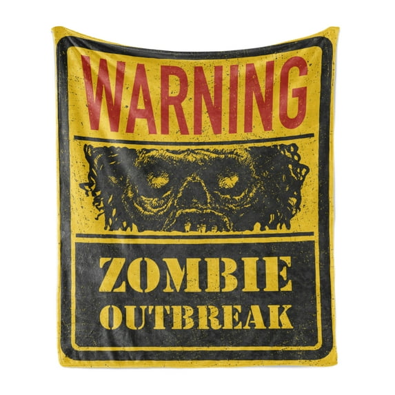 Zombie Soft Flannel Fleece Blanket, Retro Warning Outbreak Horror Monster Sign in Vintage Grunge Illustration, Cozy Plush for Indoor and Outdoor Use, 50" x 70", Earth Yellow Grey Red, by Ambesonne
