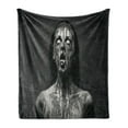 thumbnail image 1 of Zombie Soft Flannel Fleece Blanket, Unusual Scream Monster Woman with Empty Eyes Looking up Horror Picture Design, Cozy Plush for Indoor and Outdoor Use, 50" x 60", Black and White, by Ambesonne, 1 of 6