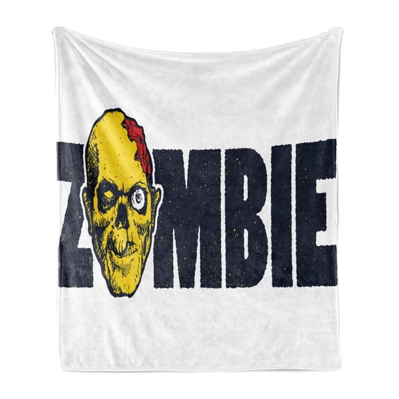 Zombie Soft Flannel Fleece Throw Blanket, Dead Human Face Caricature Typography Style Monster Theme Illustration, Cozy Plush for Indoor and Outdoor Use, 60" x 80", Dark Blue Yellow, by Ambesonne