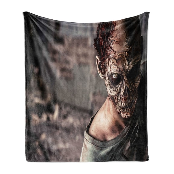 Zombie Soft Flannel Fleece Throw Blanket, Dead Person in Ruined House with Creepy Looking Murder Killing Scary Print, Cozy Plush for Indoor and Outdoor Use, 50" x 60", Taupe Peach, by Ambesonne