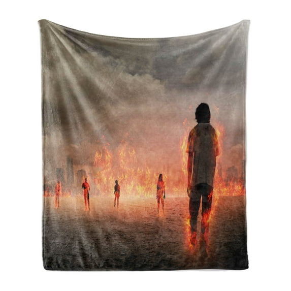 Zombie Soft Flannel Fleece Throw Blanket, Group of People in a Flame in the Water Under Storm Clouds Image, Cozy Plush for Indoor and Outdoor Use, 50" x 70", Pearl Eggshell Vermilion, by Ambesonne