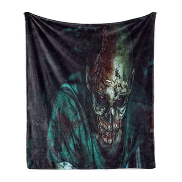 Zombie Soft Flannel Fleece Throw Blanket, Man Shot in Head with Bloody Details Fearful Monster Design Vampire Fantasy Print, Cozy Plush for Indoor and Outdoor Use, 50" x 60", Multicolor, by Ambesonne