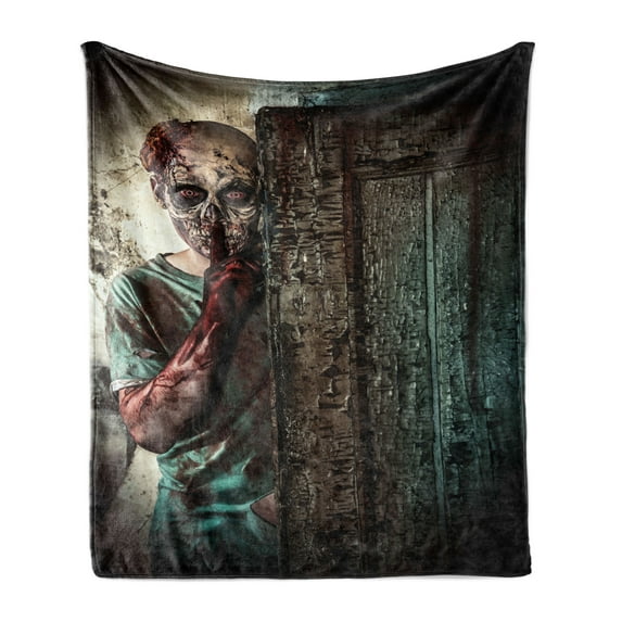 Zombie Soft Flannel Fleece Throw Blanket, Monster Behind Door Looking with Evil Eyes Hell Nightmare Modern Print, Cozy Plush for Indoor and Outdoor Use, 70" x 90", Umber Teal Tan, by Ambesonne