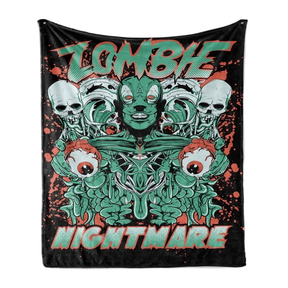 Zombie Soft Flannel Fleece Throw Blanket, Retro Style Nightmare with Skulls Ghost Characters Wild Illustration, Cozy Plush for Indoor and Outdoor Use, 50" x 70", Jade Green Salmon Black, by Ambesonne