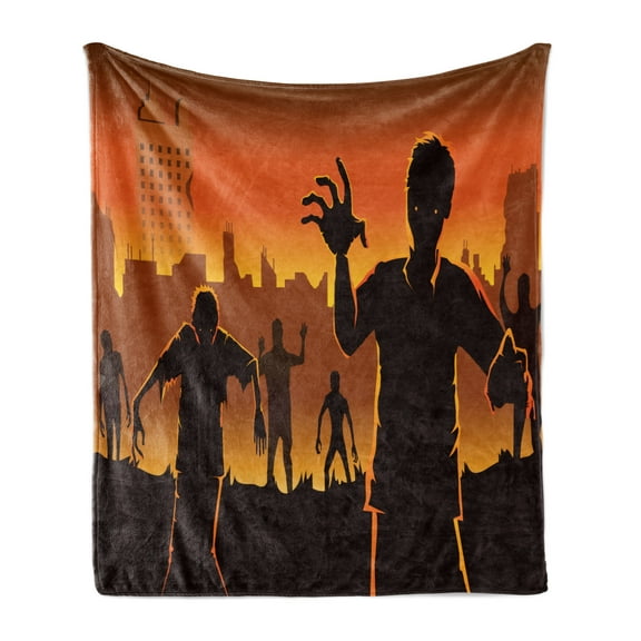 Zombie Soft Flannel Fleece Throw Blanket, Zombie Walking out of an Abandoned City Silhouettes Halloween, Cozy Plush for Indoor and Outdoor Use, 60" x 80", Charcoal Grey Orange, by Ambesonne