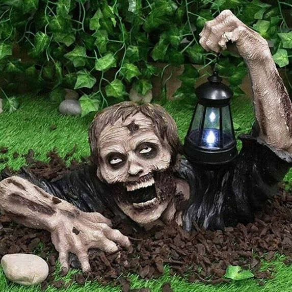 Zombie Statue with Lantern Halloween Decorations, Zombie Garden Statues Zombie Crawling Out of Grave, Resin Walking Dead Figurine Halloween Decoration for Halloween Outdoor Garden Patio Outdoor