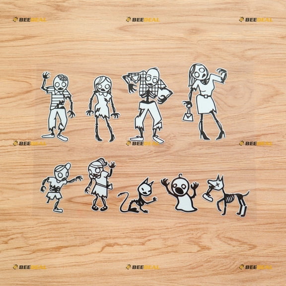 Zombie Stick Family Figure Pet Dog Car Truck Bumper Sticker Decal Vinyl - Set of 9 Reflective - White Background