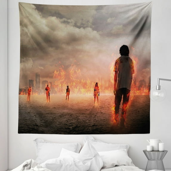 Zombie Tapestry, Group of People in a in the Water Under Storm Clouds Image, Fabric Wall Hanging Decor for Bedroom Living Room Dorm, 5 Sizes, Pearl Eggshell Vermilion, by Ambesonne