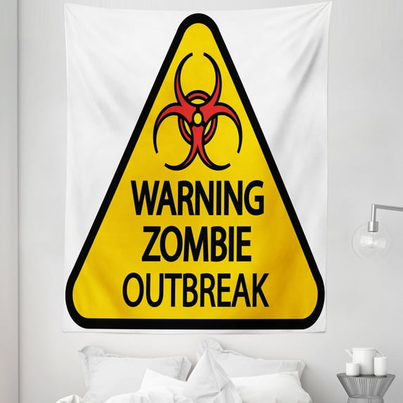 Zombie Tapestry, Warning the Zombie Outbreak Sign Cemetery Infection Halloween Graphic, Fabric Wall Hanging Decor for Bedroom Living Room Dorm, 5 Sizes, Earth Yellow Red Black, by Ambesonne