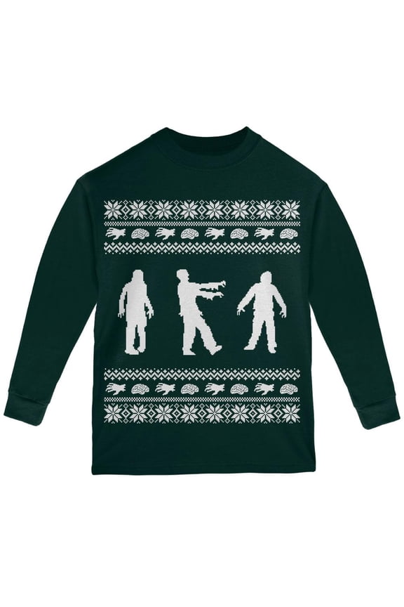 Zombie Ugly Christmas Sweater Forest Youth Long Sleeve T-Shirt - Medium