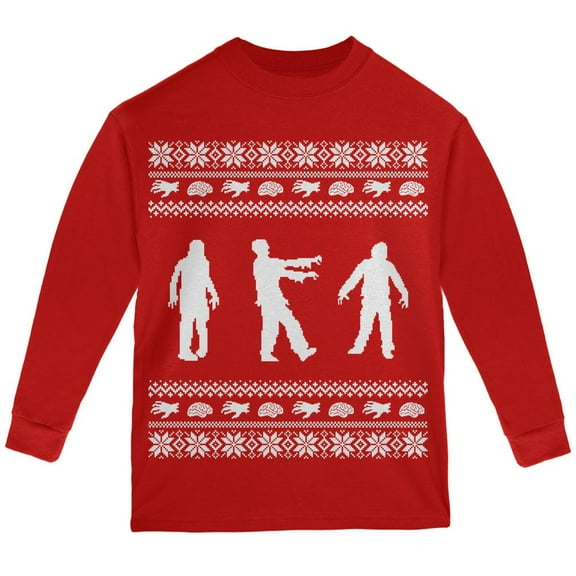 Zombie Ugly XMAS Sweater Red Youth Long Sleeve T-Shirt - Youth X-Large