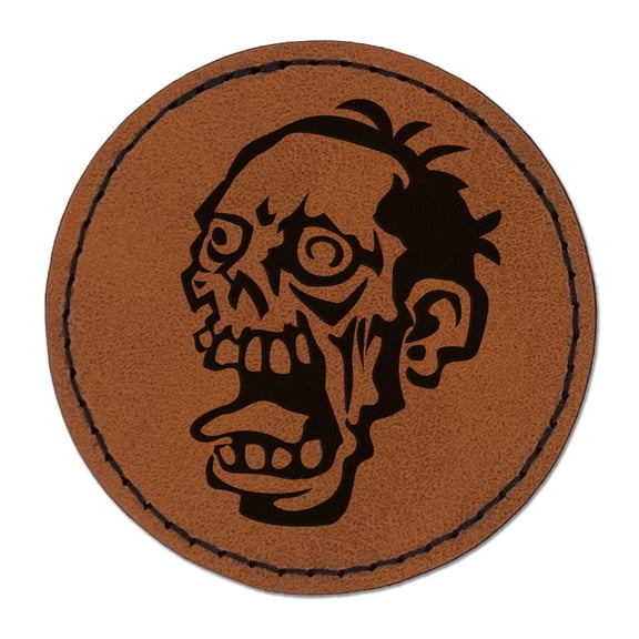Zombie Undead Creepy Head 2.5" Faux Leather Round Engraved Iron-On Patch - Brown