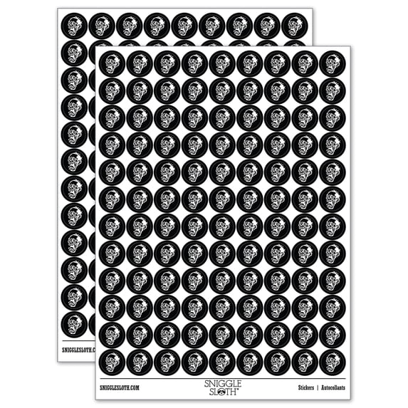Zombie Undead Creepy Head 200+ Round Stickers - Black - Matte Finish - 0.50" Size