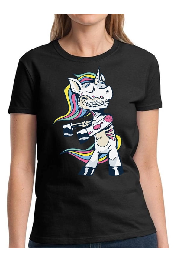 Zombie Unicorn Halloween T Shirt for Women - S M L XL 2XL 3XL Graphic Tee - Scary Happy Halloween Outfit Gift Funny Holiday Tee T-Shirt Ladies